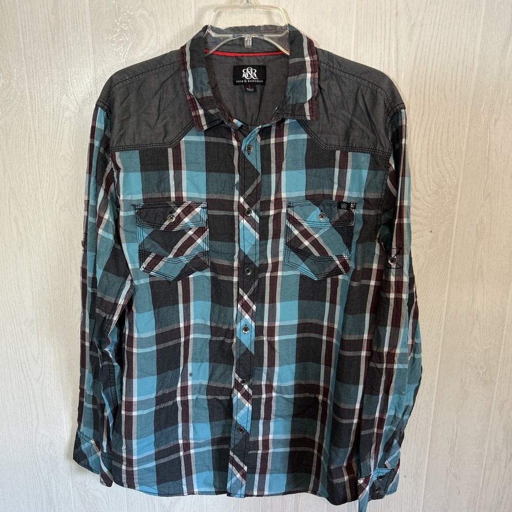 rock republic berlin Large Teal Grey Western Shirt